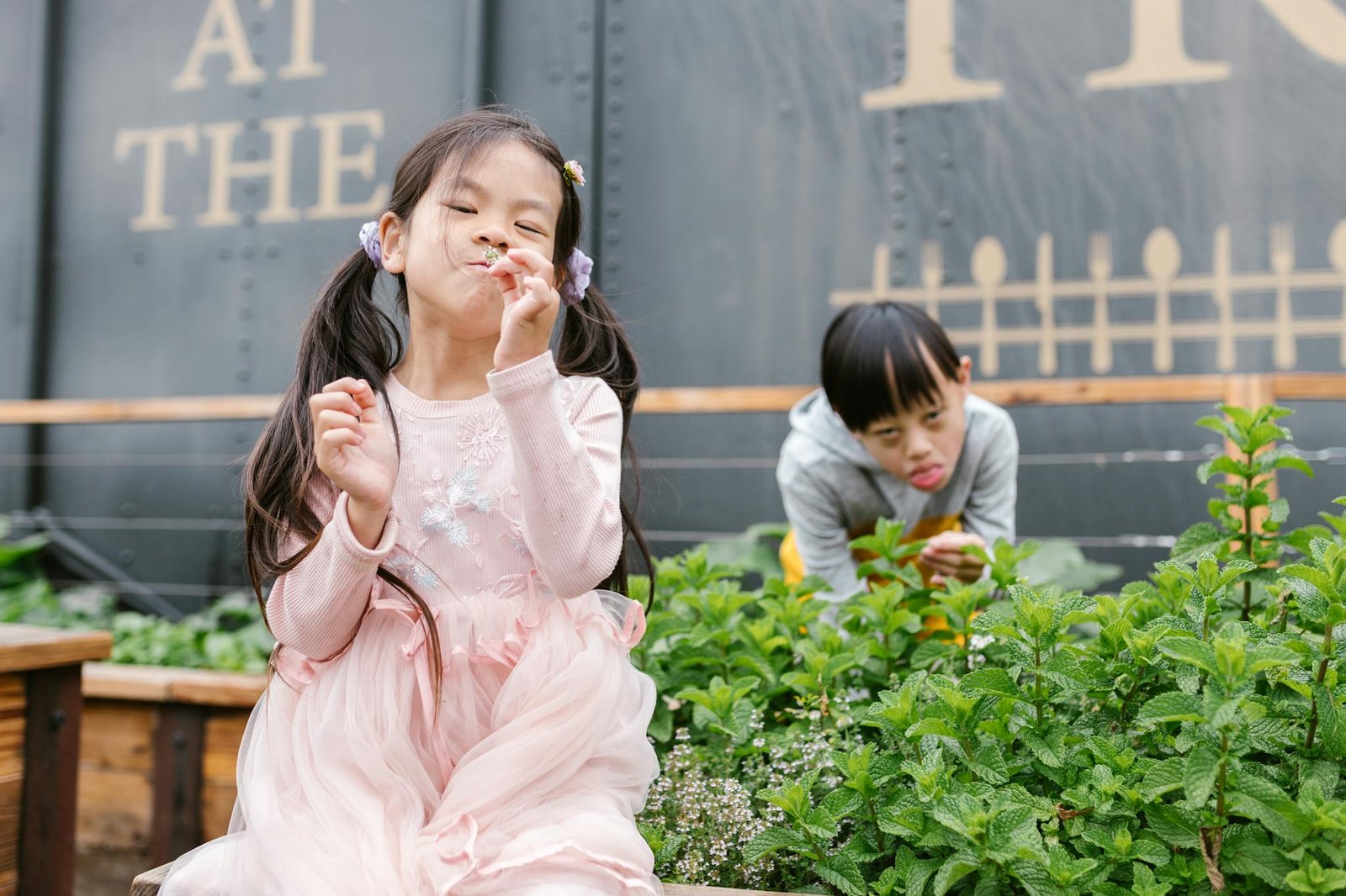 Two children enjoying a playful moment outdoors amidst green plants.